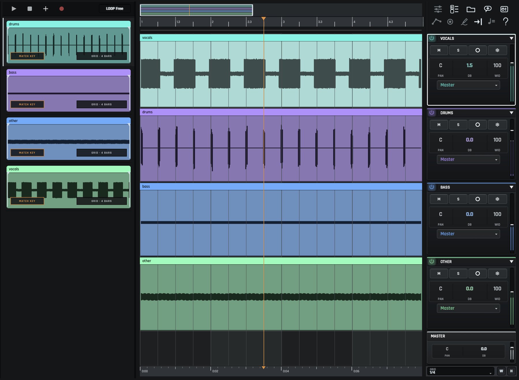 The Zammoth arrangement: four coloured tracks with their waveforms and the playhead, the Loop Deck to the left and each track's controls and meters to the right.