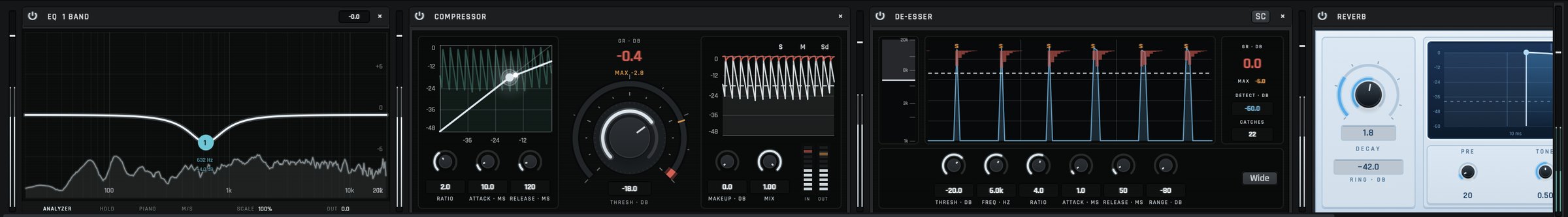 A vocal's device chain while the song plays: an EQ with its live spectrum, a compressor showing gain reduction, a de-esser catching each sibilant, and a reverb.