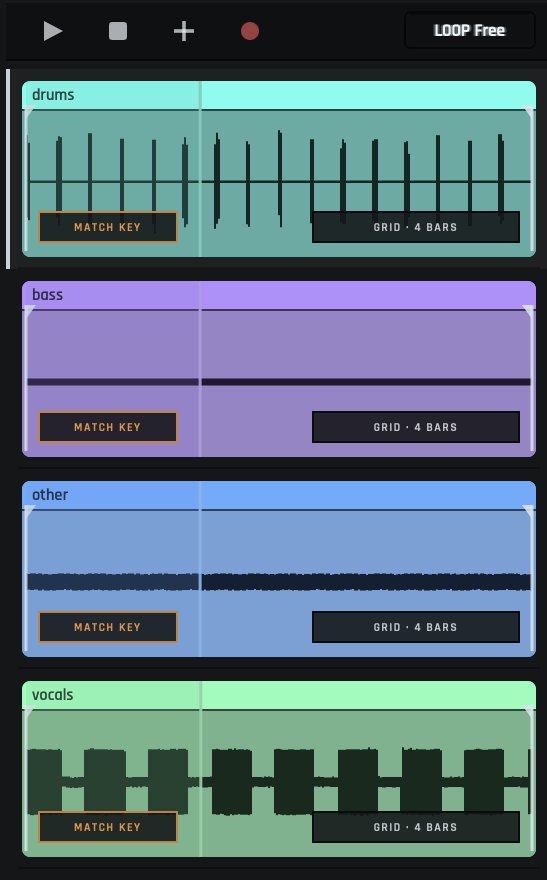 The Loop Deck playing four loops: drums, bass, other and vocals. Each pad shows its waveform, a playhead, a Match Key button and its loop length of four bars.