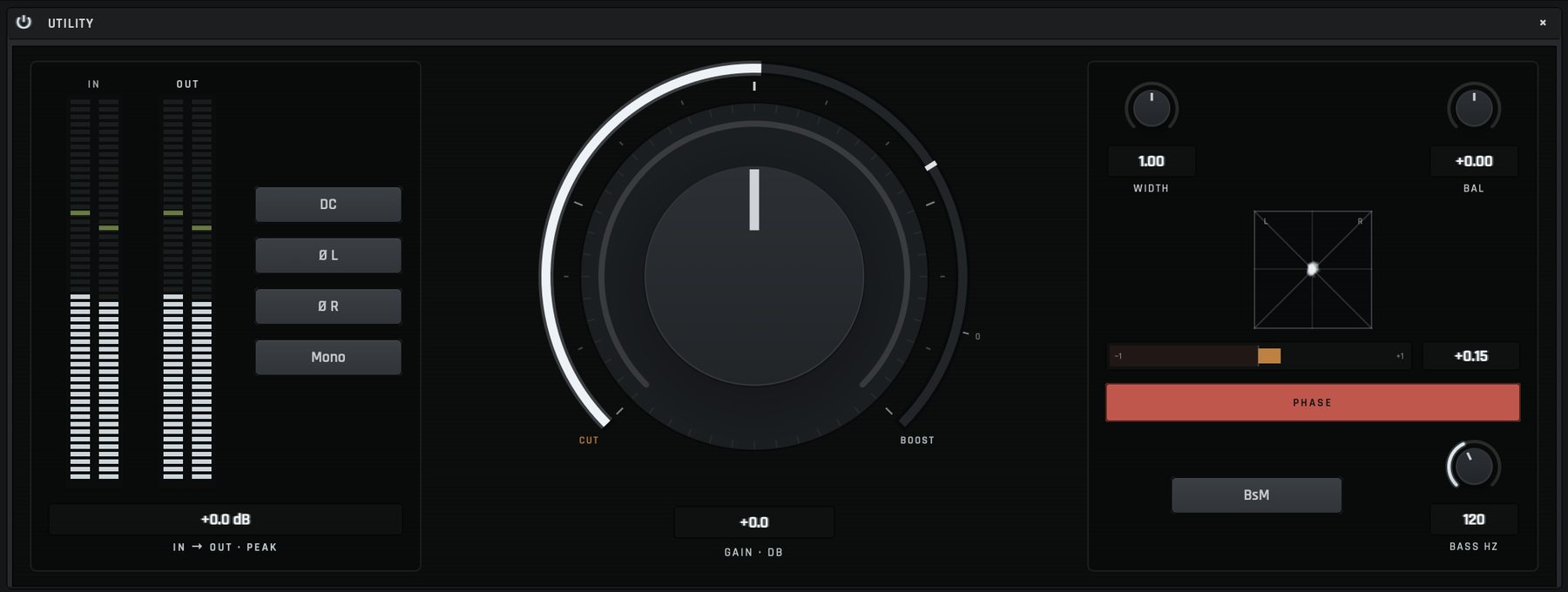 The Utility's expanded view: input and output meters, a gain dial at 0 dB, width and balance dials, a vectorscope and the DC, polarity and mono keys.