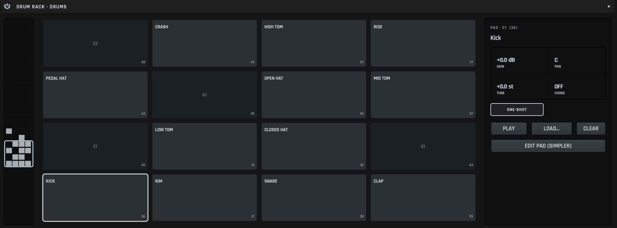 The Drum Rack editor: a four by four page of pads holding a kick, rim, snare, clap, toms, hats, crash and ride, a map of all 128 notes on the left, and the selected kick pad's gain, pan, tune and choke cells on the right.