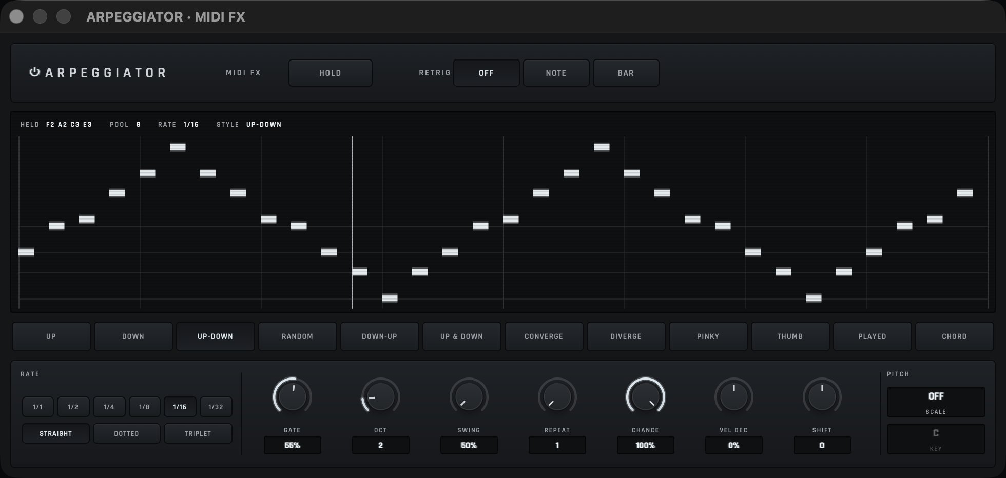The Arpeggiator while the song plays: its display shows the up-down pattern it is playing from four held notes at sixteenths, above a row of twelve styles, the rate buttons, seven knobs from gate to shift, and the scale and key cells.