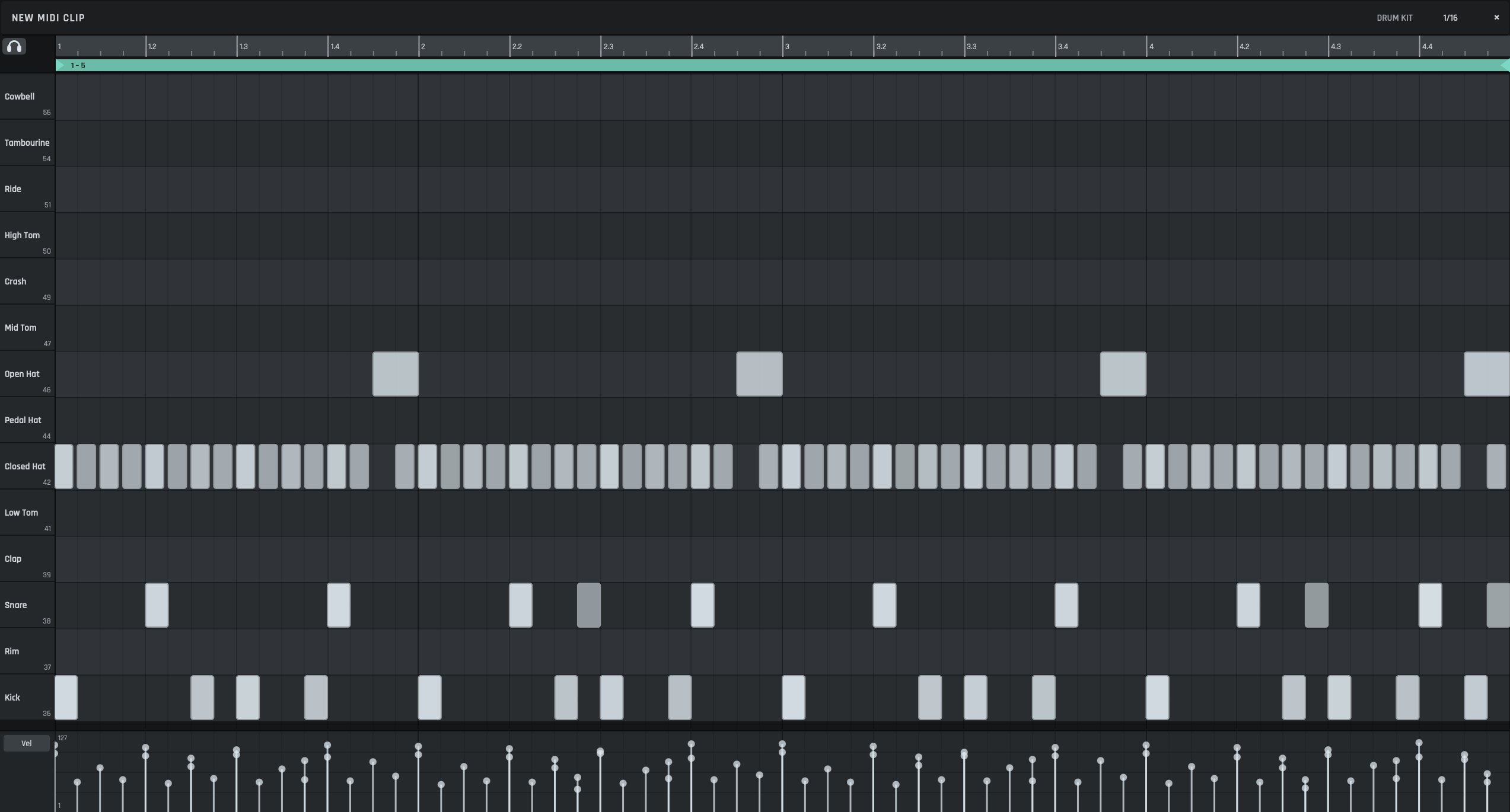 The piano roll on a drum track, its header reading Drum Kit: fourteen rows named for the kit pieces instead of a keyboard, a kick and snare pattern, closed hats on every sixteenth, an open hat at the end of each bar, and a velocity handle for every hit underneath.