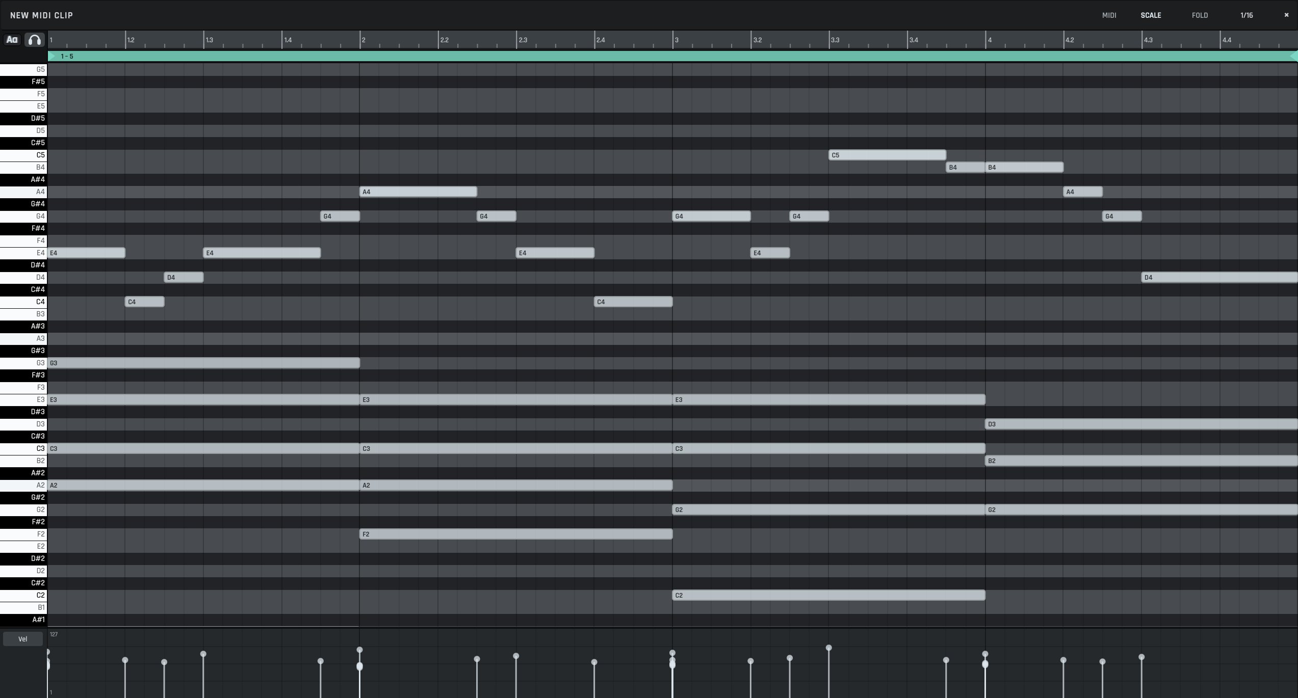 The piano roll on a four-bar clip in A minor: four chords held a bar each in the lower octaves, a melody above them, note names on every note and on the keyboard, and a velocity handle for each note in the lane underneath.