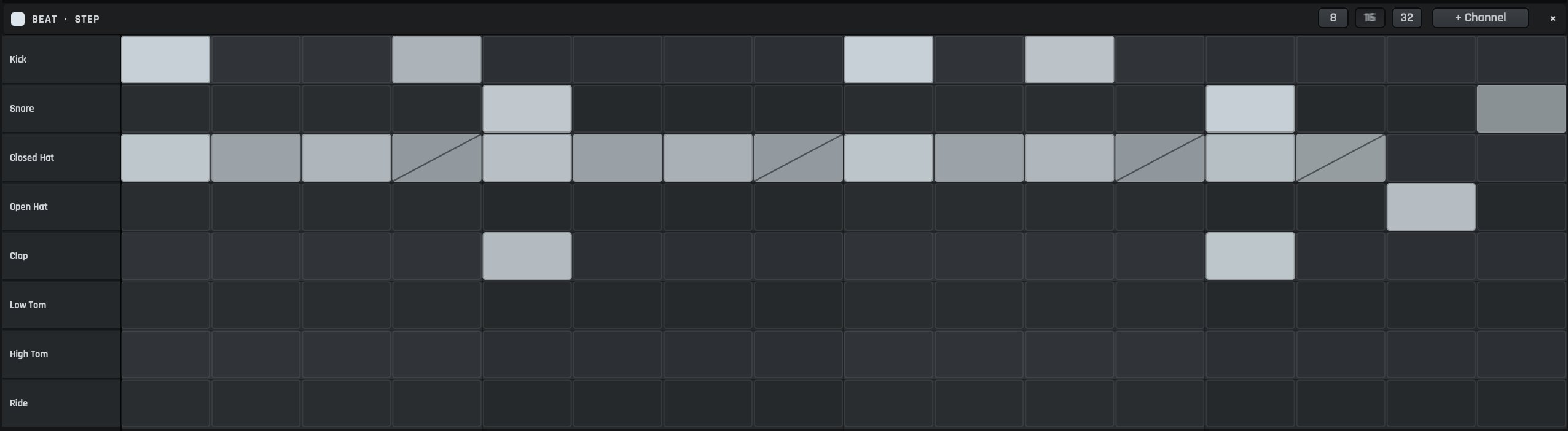 The Step Grid on a sixteen-step pattern: rows for kick, snare, closed hat, open hat and clap, lit cells in different brightnesses for velocity, and four closed-hat cells hatched to show a 50 percent probability.