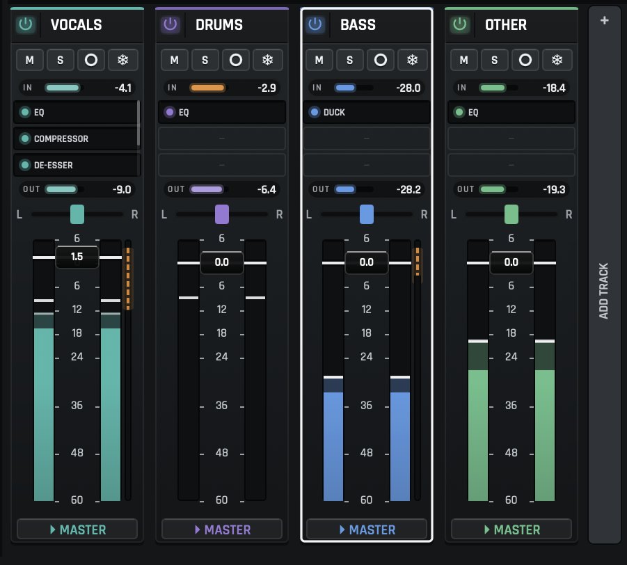 The Zammoth mixer: four smoked-glass channel strips for vocals, drums, bass and other, with level meters moving and each channel's devices listed above its fader.