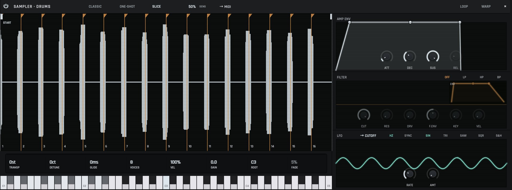 The Sampler in Slice mode with a drum loop loaded: sixteen numbered slice markers across the waveform, a keyboard beneath it, and the amp envelope, filter and LFO modules on the right.