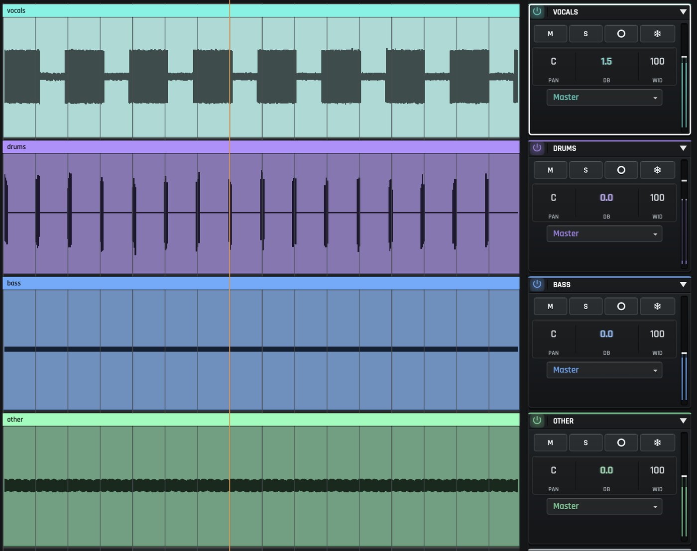 Four tracks side by side after a split: vocals, drums, bass and other, each with its own waveform and controls.