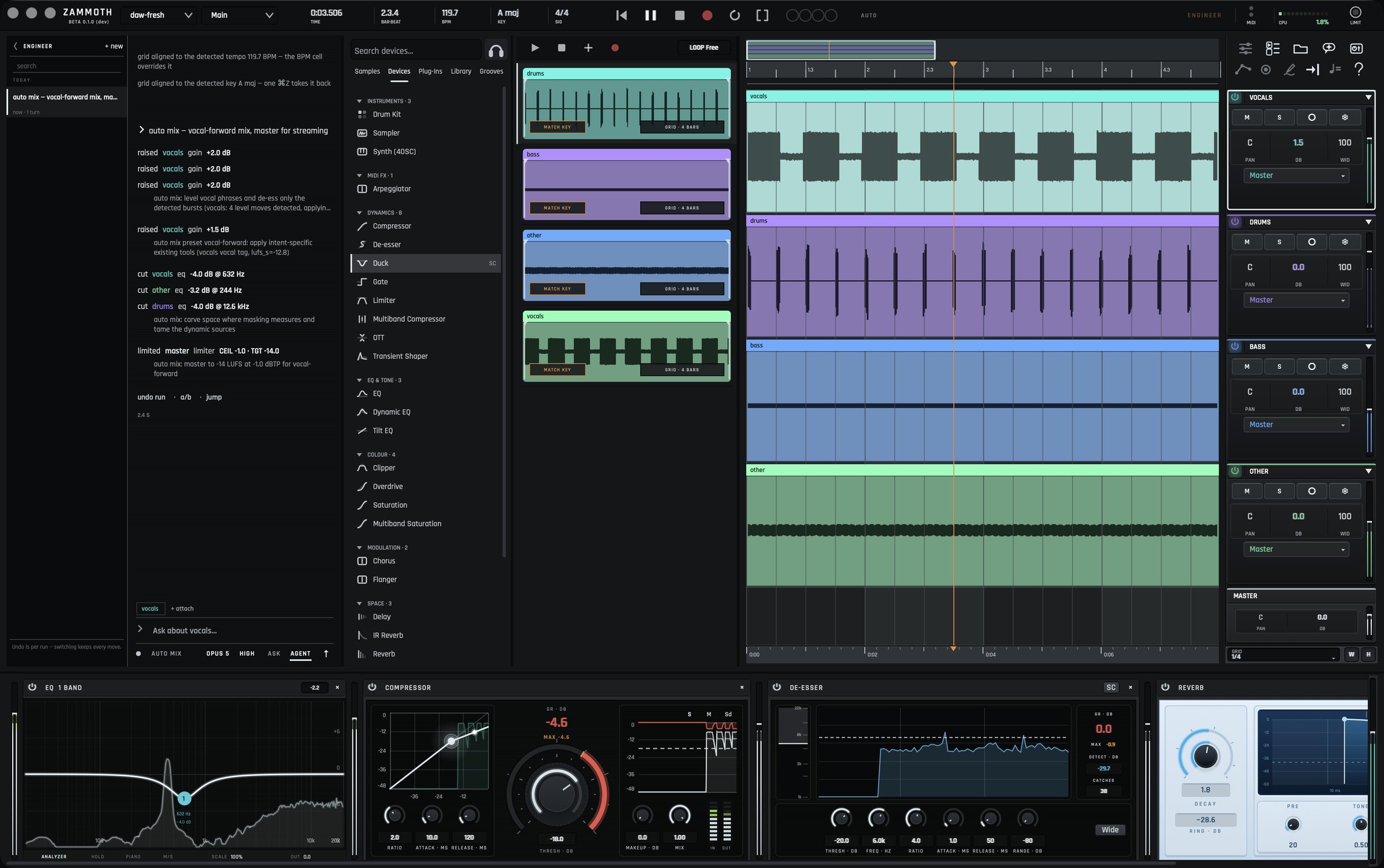 The Zammoth workspace while a song plays: the engineer panel with a finished Auto Mix, the device browser, the Loop Deck with four loops, the arrangement, the track controls, and a vocal's device chain along the bottom.
