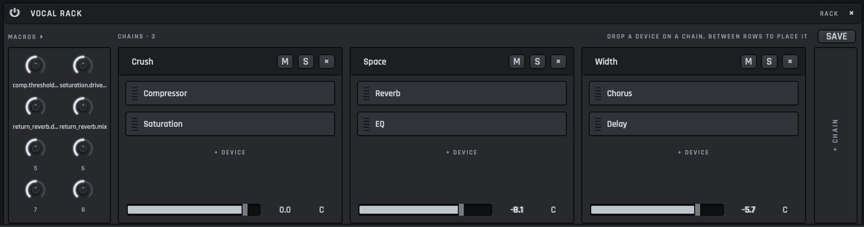 A rack named Vocal Rack: eight macro knobs, four of them mapped, and three parallel chains named Crush, Space and Width (Compressor and Saturation, Reverb and EQ, Chorus and Delay), each with mute and solo buttons, a level fader and a pan cell.