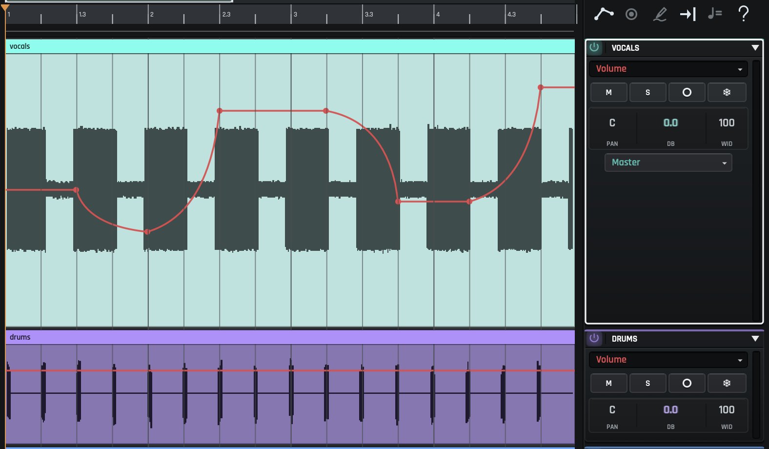 Automation Mode in the arrangement: a volume ride drawn on the vocal track with seven points, every rise and fall bent into a curve, and a flat volume lane on the drums below, beside each track's controls.