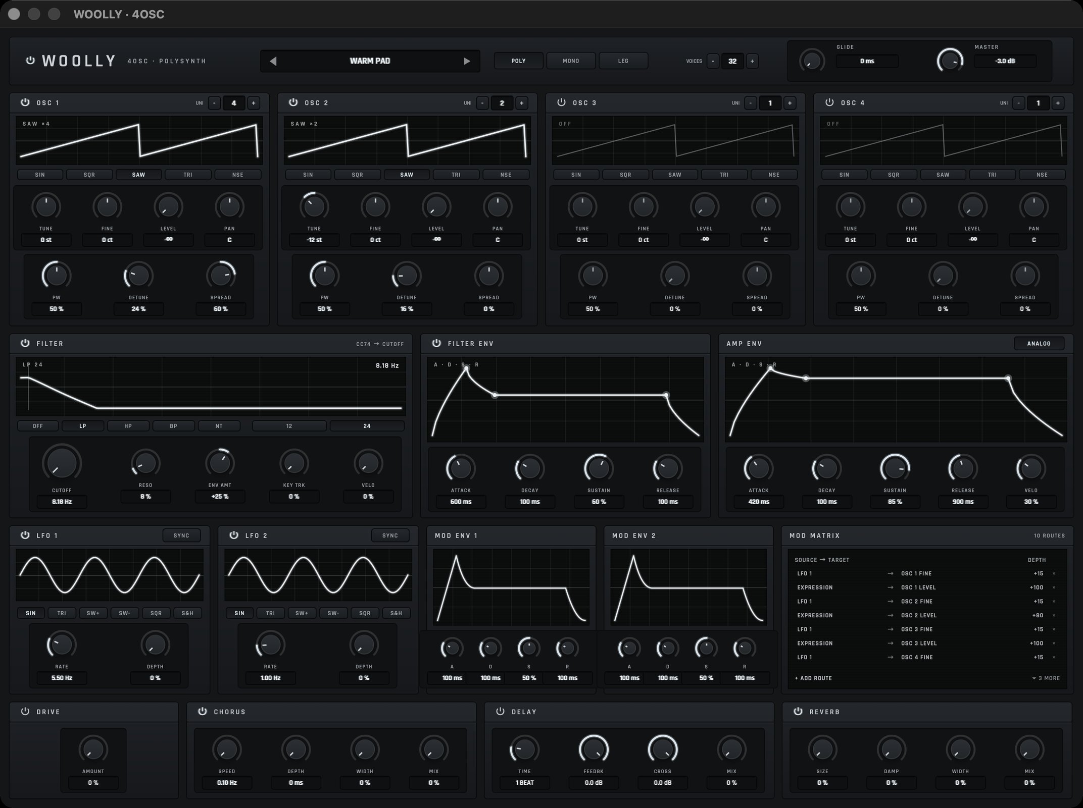 The WOOLLY synth on its Warm Pad patch: four oscillators with wave displays, a filter with its response curve, filter and amp envelopes, two LFOs, two mod envelopes, a mod matrix, and drive, chorus, delay and reverb along the bottom.